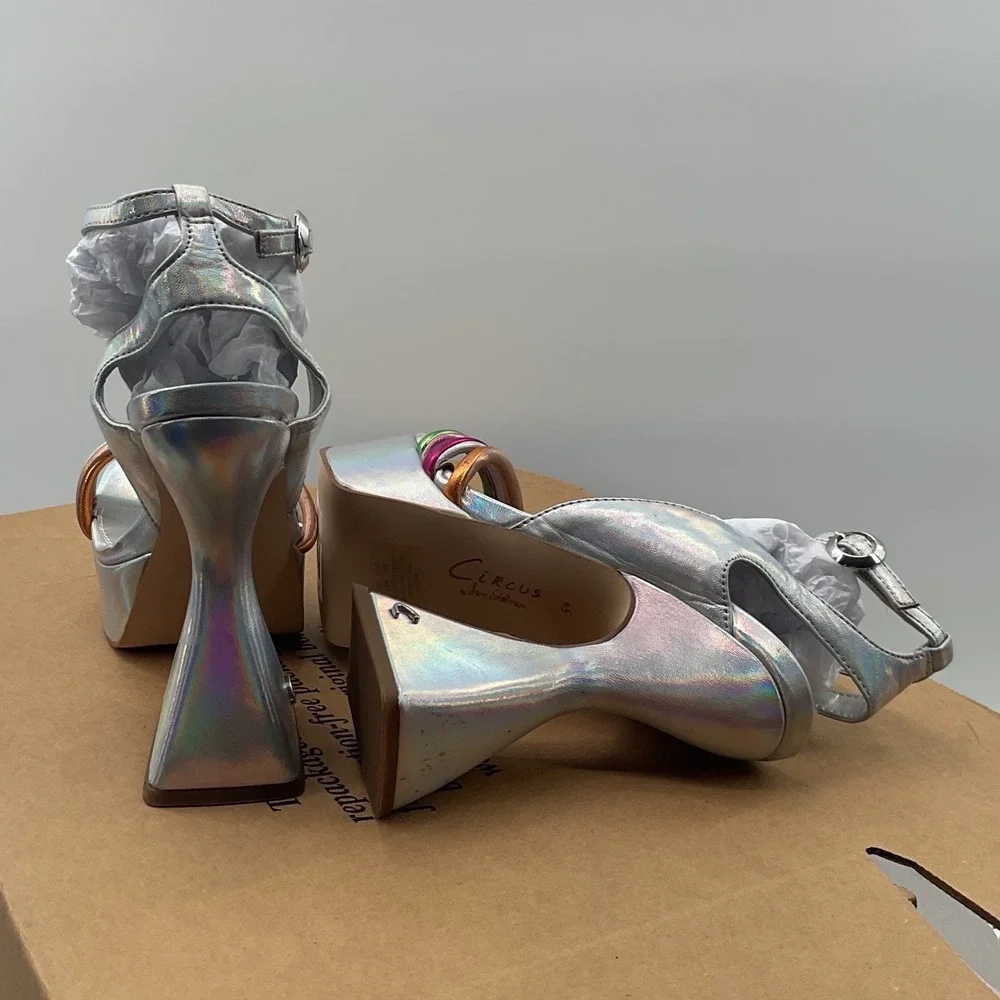 Circus NY Sam Edelman Silver Holographic Multi Strap Platform Flared Heel Sandal